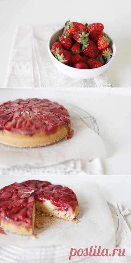 Перевернутый сливочный кекс с клубникой.