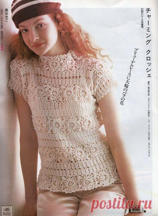 ПУЛОВЕР_розовый - мотивими (японские ажуры). Вязание.