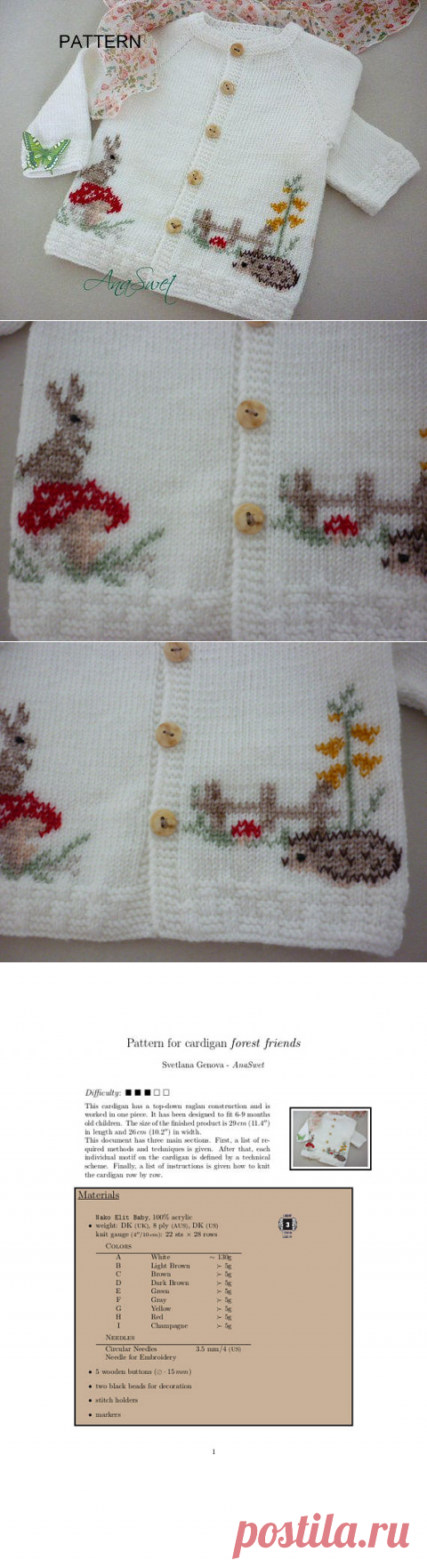 Pattern baby cardigan with Rabbit and Hedgehog.White cardigan.
