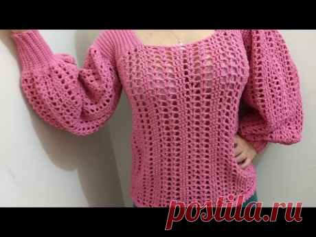 blusa de manga bufante em crochê nível intermediário por Neuzyvalim ❤️