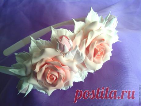 Купить Ободок Зефирные розы - бежевый, розы, цветы, ободок для волос, глина, полимерная глина