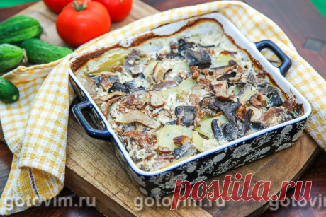 Картофельная запеканка с говяжьим языком и лесными грибами. Рецепт с фото