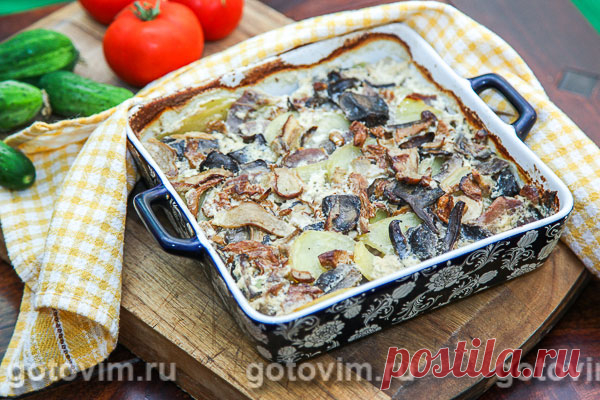 Картофельная запеканка с говяжьим языком и лесными грибами. Рецепт с фото