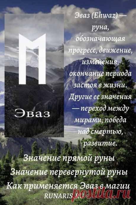 Эваз (Ehwaz) — руна, обозначающая прогресс, движение, изменения, окончание периода застоя в жизни. Другие ее значения — переход между мирами, победа над смертью, развитие.
1 Руна Эваз в мифологии
2 Значение прямой руны
3 Значение перевернутой руны
4 Как применяется Эваз в магии