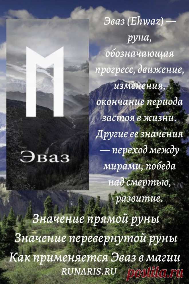 Эваз (Ehwaz) — руна, обозначающая прогресс, движение, изменения, окончание периода застоя в жизни. Другие ее значения — переход между мирами, победа над смертью, развитие.
1 Руна Эваз в мифологии
2 Значение прямой руны
3 Значение перевернутой руны
4 Как применяется Эваз в магии