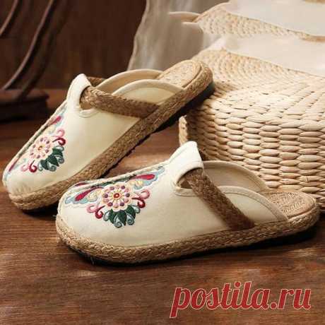 #вышивка_обувь
Women Retro Embroidered Floral Shoes flip flop