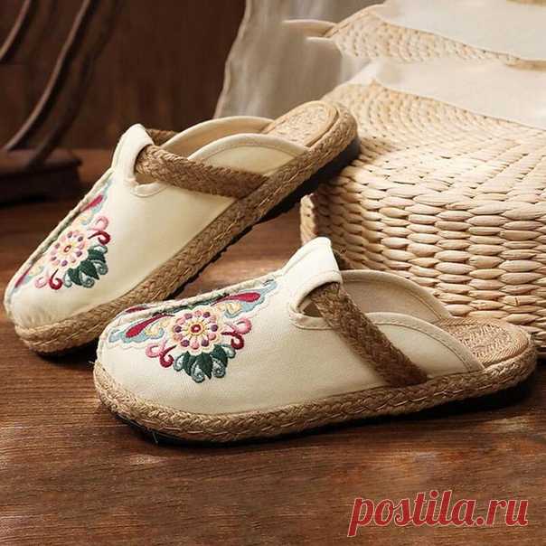 #вышивка_обувь
Women Retro Embroidered Floral Shoes flip flop