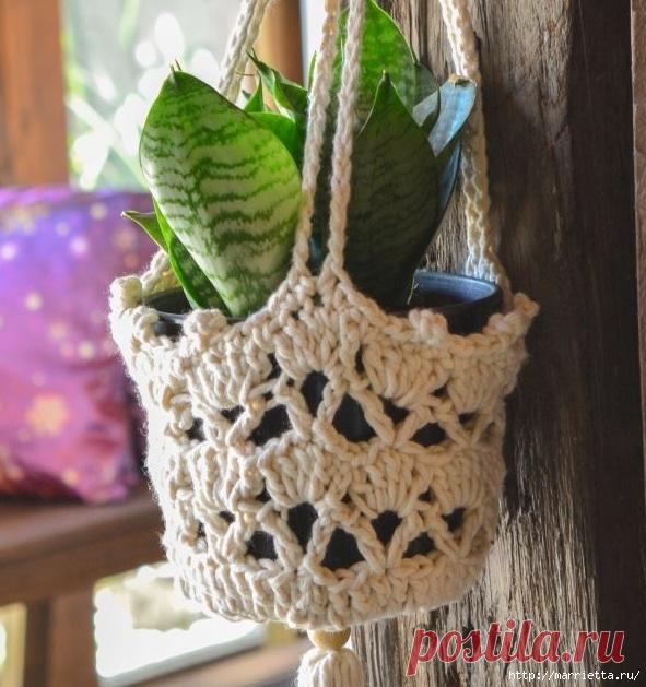 Вяжем крючком подвесное кашпо для цветов