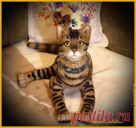 Купить Бенгальский котик. интерьерная игрушка из шерсти. - золотой, бенгальский кот, бенгальский котёнок