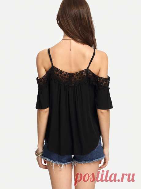 Black Lace Trimmed Cold Shoulder Top