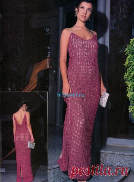 Длинное платье крючком - Хитсовет Длинное платье крючком. Вам потребуется: 700 г вискозы кораллового цвета, 1,3 м жоржета в тон, 50 см декоративной тесьмы из стразов.