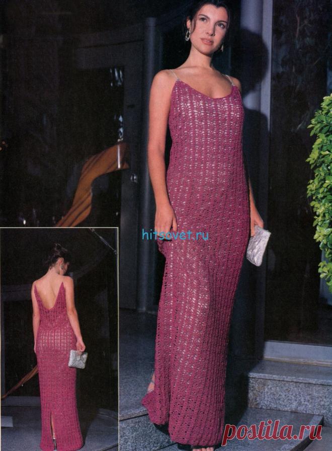 Длинное платье крючком - Хитсовет Длинное платье крючком. Вам потребуется: 700 г вискозы кораллового цвета, 1,3 м жоржета в тон, 50 см декоративной тесьмы из стразов.