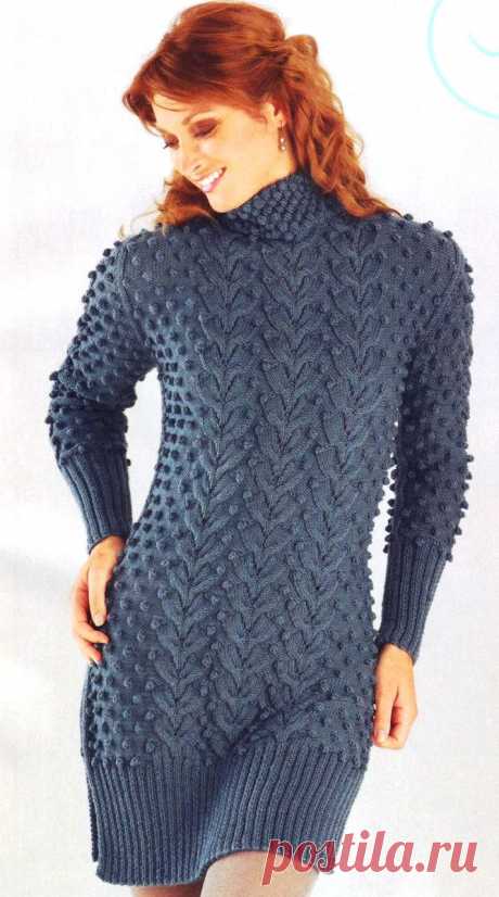 Элегантное платье с рельефным узором на все размеры (спицы).