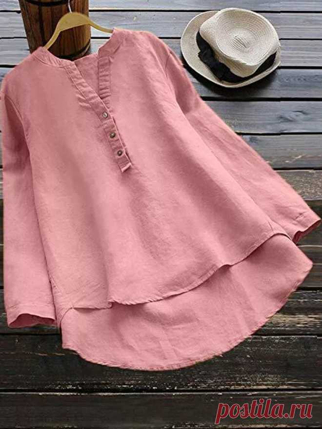 women pure color buttons cotton vintage blouse at Banggood