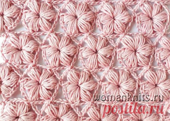 Узор Объемные цветочки крючком из пышных столбиков
Схема: http://womanknits.ru/uzory-vyazaniya/kryuchkom/uzor-ob-emnye-tsvetochki-kryuchkom-iz-pyshnykh-stolbikov