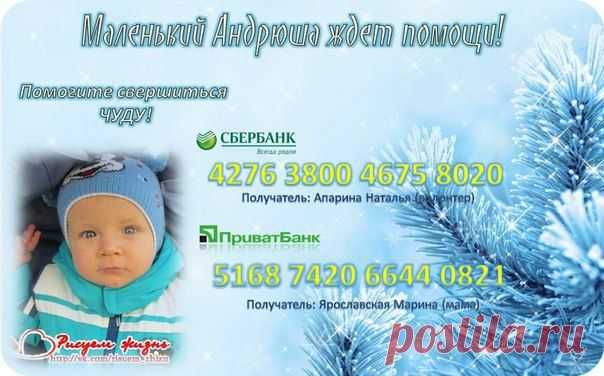 Стать добрым волшебником просто! 
Давайте вместе поможем маленькому Андрюше успеть на лечение!Для этого нужно помочь семье оплатить счет в клинику до 24 декабря. Да, сумма еще очень велика, но ведь детская жизнь БЕСЦЕННА!
❄ Сделаем Андрюше главный в его жизни подарок на Новый год! ❄