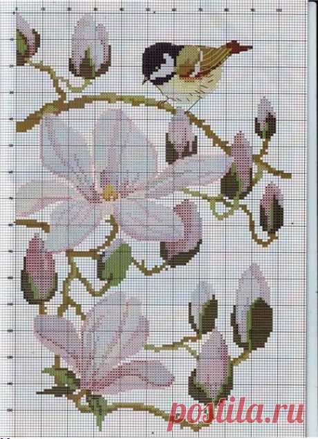 Синичка на ветке магнолии крестом