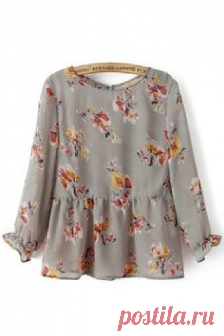 Floral Printing Falbala Cuff Layered Hem Chiffon Long Sleeves T-shirt (Floral Top)