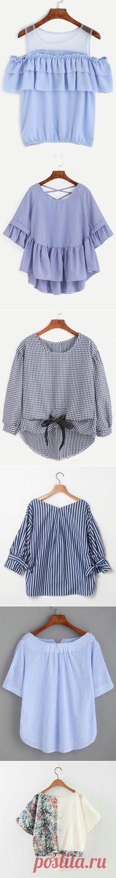 (21) White Striped Tie Front Puff Sleeve Blouse -SheIn(Sheinside)