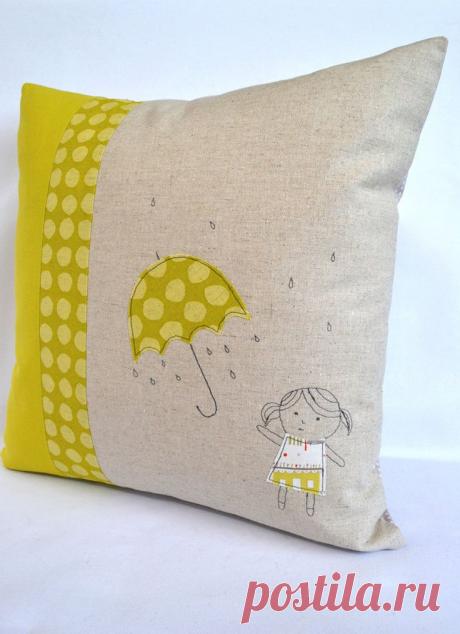 Umbrella Girl cushion, throw pillow, cushion cover , applique embroidery design. $45.00, via Etsy.