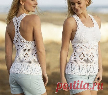 Ажурная маечка 

Размеры S — M — L — XL — XXL — XXXL

Материалы

Пряжа DROPS COTTON LIGHT (50% хлопок, 50% полиэстер, 50 г/105 м) 7-7-8-9-9-10 мотков белого цвета, крючок 3.5 мм, 1 пуговица

Плотность вязания

20 ст. с/2н и 10 рядов = 10х10 см

Описание ажурной майки крючком для женщин

Примечание: если круг начинается со ст. с/н необходимо набирать для подъема 1 возд.п., если круг начинается со ст 2/2н необходимо набирать 3 возд.п. подъема. Убавления выполняются провязыва...