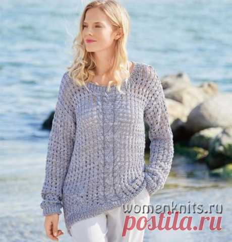 Ажурный асимметричный джемпер спицами с «косой»
Описание: https://womanknits.ru/vyazanie-dlya-zhenshchin/pulovery-svitera/azhurnyj-asimmetrichnyj-dzhemper-spicami-s-kosoj