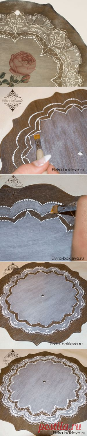 Кружевная роспись и декупаж: Часы "Роза нежная"