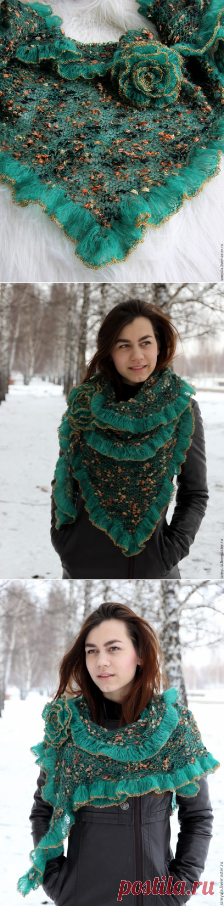 Купить &quot;Изумрудная&quot; - вязаная нарядная шаль и брошь-роза - шаль, ажурная шаль, вязаная шаль
