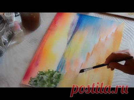 Тропический пляж акварелью на холсте. Tropical beach watercolor on canvas.