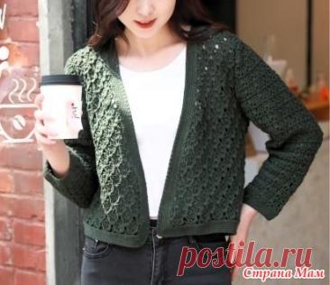 Укороченный кардиган красивым узором. Крючок. https://dzen.ru/