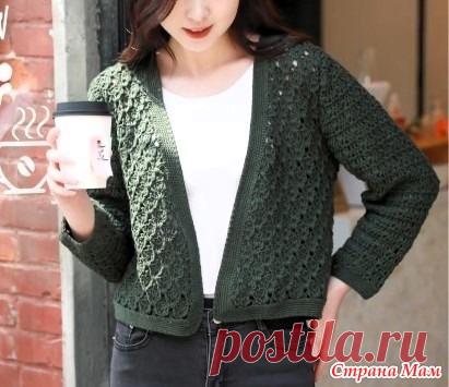 Укороченный кардиган красивым узором. Крючок. https://dzen.ru/