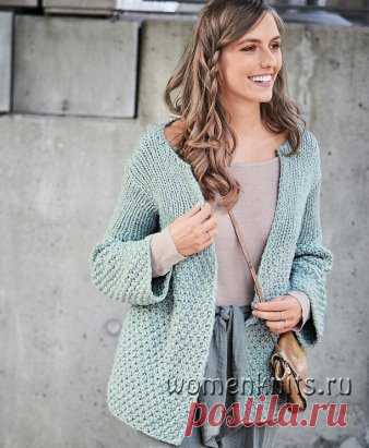Кардиган спицами с жемчужным узором
Описание: http://womanknits.ru/vyazanie-dlya-zhenshchin/palto-kardigany-zhakety/kardigan-spicami-s-zhemchuzhnym-uzorom