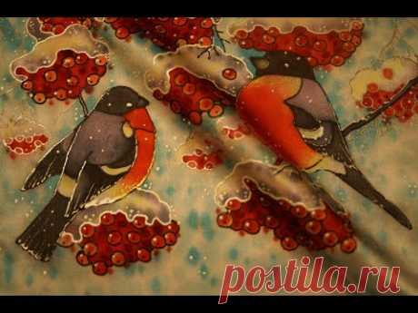 Bullfinches on the silk. Снегири на шёлке.