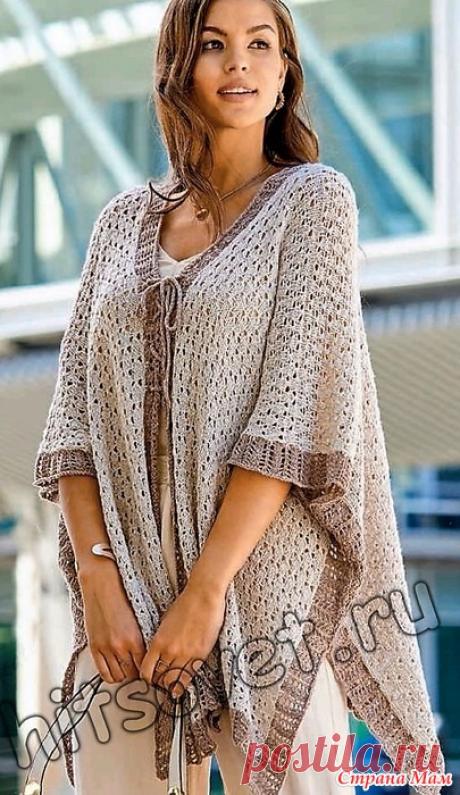 Модный вязаный жакет-накидка оверсайз. Спицы. Вам потребуется: 450 грамм серой и 150 грамм коричнево-карамельной пряжи, состоящей из 55% льна, 45% полиамида; длиной нити 140 метров в 50 граммах; круговые спицы № 3,5; 2 чулочные спицы № 3,5.