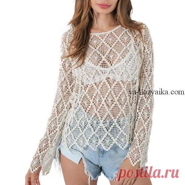 Блуза из ажурных ромбов крючком. Модная блуза для лета с длинным рукавом