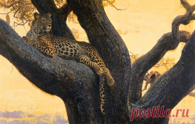 Обои кошка, дерево, отдых, хищник, картина, ветка, арт, пятна, леопард, дикая, Bob Kuhn картинки на рабочий стол, раздел живопись - скачать