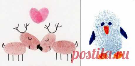 Отпечатки пальцев
Красим пальчики краской, а затем оставляем отпечатки на бумаге. И дорисовываем.