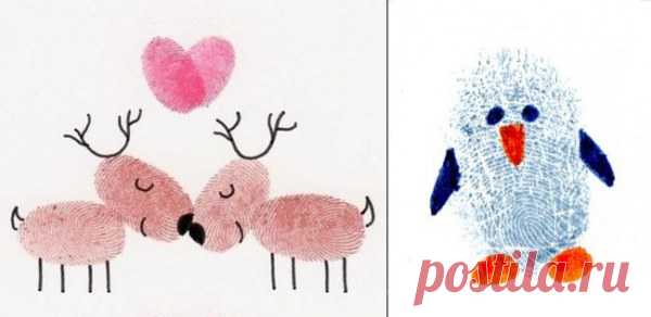 Отпечатки пальцев
Красим пальчики краской, а затем оставляем отпечатки на бумаге. И дорисовываем.