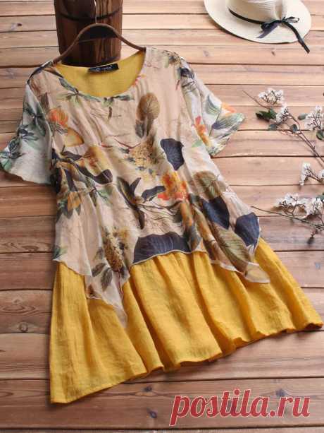 Vintage Floral Print Layers Short Sleeve Plus Size Blouse - US$19.99