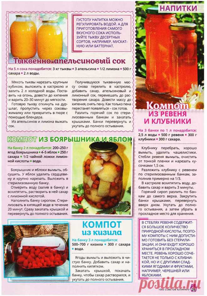 Тыквенно-апельсиновый сок. Компот из ревеня и клубники. Компот из боярышника и яблок. Компот из кизила