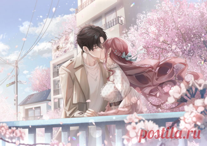 Обои Целующиеся парень с девушкой у цветущей сакуры на рабочий стол