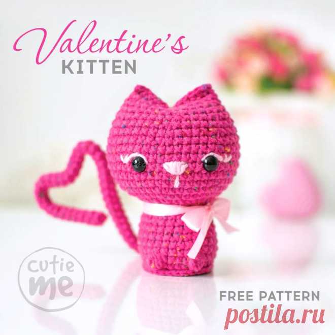 PDF Кошечка Святого Валентина крючком. FREE crochet pattern; Аmigurumi animal patterns. Амигуруми схемы и описания на русском. Вязаные игрушки и поделки своими руками #amimore - маленькая кошечка ко дню Всех Влюблённых, кошка на 14 февраля, котик, котёнок, кот, валентинка.