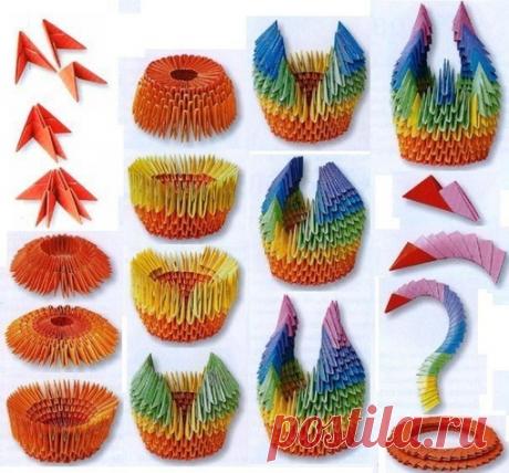 Радужный лебедь оригами.

Подходит офисная, мелованная бумага, бумага для оригами. Вам понадобятся треугольные модули следующих цветов: 136 розовых. 90 оранжевых, 60 желтых, 78 зеленых, 39 голубых, 36 синих, 19 фиолетовых, 1 красный. Размер листочков бумаги для модулей примерно 4 х 6 см.

1. Возьмите 3 розовых модуля и расположите их, как показано на фото.
Показать полностью…