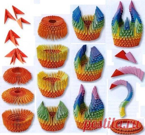 Радужный лебедь оригами.

Подходит офисная, мелованная бумага, бумага для оригами. Вам понадобятся треугольные модули следующих цветов: 136 розовых. 90 оранжевых, 60 желтых, 78 зеленых, 39 голубых, 36 синих, 19 фиолетовых, 1 красный. Размер листочков бумаги для модулей примерно 4 х 6 см.

1. Возьмите 3 розовых модуля и расположите их, как показано на фото.
Показать полностью…