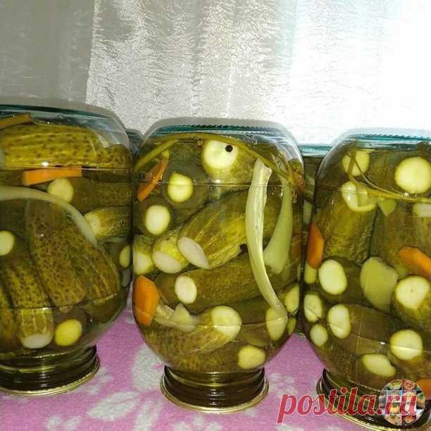 Маринованные огурцы , без уксуса. 
 
На маринад 1.5 (три литра одна банка): Вода- 1.5 литров 
Соль - 4 ч.л. 
Сахар-8ч.л. 
 
Лимонная кислота 
 
Чеснок 
Зонтики укропа 
Болгарский перец 
Морковь 
Перец горошек 
Чили перец острый 
 
1 . В стерилизованные баночки выкладываем огурчики , я обрезаю жопки (чтобы сразу достать и кушать).На дно укропа зонтик и перец горошек , остальные овощи примерно в середине огурцов заложить. 
2.Залить кипящей водой , накрыть крышкой , на 20 мин...