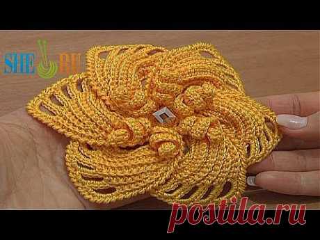 Вязание крючком Урок 59 Часть 1 из 2 Цветок с шестью большими лепестками и спиральками в центре - YouTube
