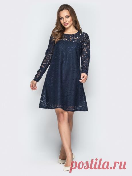 Гипюровое платье-трапеция с жемчужинами на кокетке синее 20602 – купить в Киеве, Украине в розницу | цены интернет-магазина Dressa