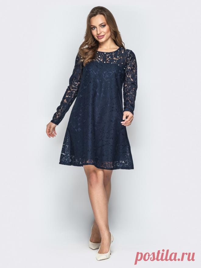Гипюровое платье-трапеция с жемчужинами на кокетке синее 20602 – купить в Киеве, Украине в розницу | цены интернет-магазина Dressa