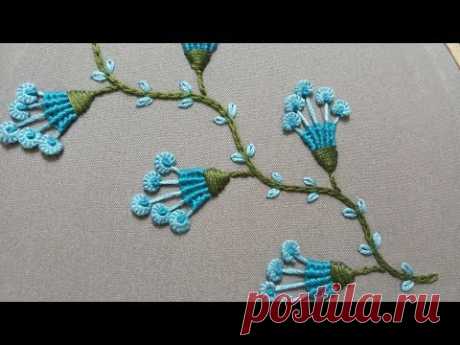 Hand embroidery of a creeper design with cast on stitch and woven web stitch