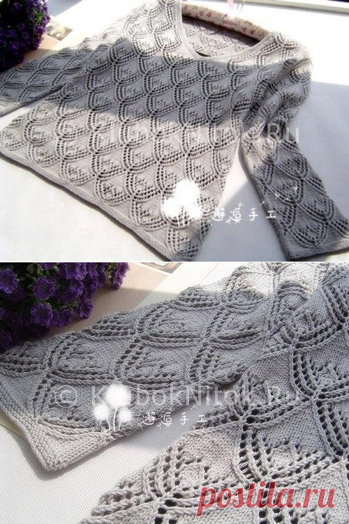 Вязаный спицами узорчатый пуловер серого цвета. 